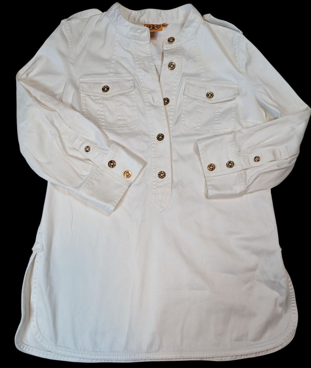 Tori Burch White Button Down Shirt Gold Logo Buttons Classic Cotton Size 4